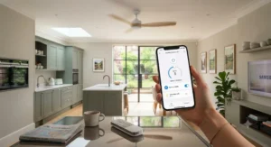 Smartphone screen and remote control adjusting the speed settings of a smart-enabled inverter ceiling fan.