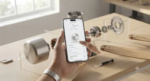 Hand holding a remote control adjusting the speed settings of a smart low wattage ceiling fan.