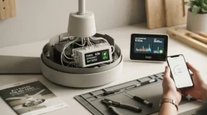 Person using a smartphone app to adjust the speed of a smart A++ rated ceiling fan for ultimate comfort.