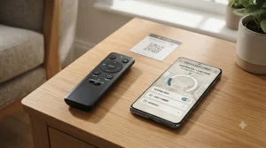 Ergonomic remote control and smartphone app interface used to adjust speeds and timer settings on a DC ceiling fan.