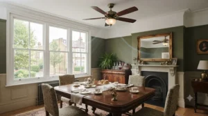 Traditional wooden-blade reversible ceiling fan hanging above a dining table in a period UK home.
