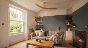 Eco-friendly ceiling fan operating in reverse winter mode to recirculate trapped warm air.