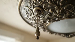 A detailed close-up of the ornate bracket on an antique brass ceiling fan for period property showcasing vintage craftsmanship.