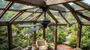 A classic antique brass ceiling fan for period property installed within a traditional timber-framed garden conservatory.