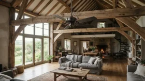 A heavy-duty antique brass ceiling fan for period property keeping air circulating in a converted stone barn conversion.