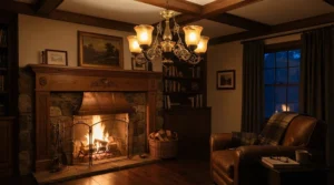 A traditional antique brass ceiling fan for period property featuring an integrated frosted glass light kit in a sitting room.
