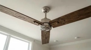 Close-up of wooden blade finish on a bedroom ceiling fan with sleep timer