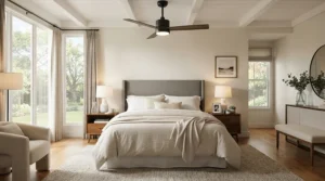 Stylish bedroom ceiling fan with sleep timer installed in a spacious master bedroom