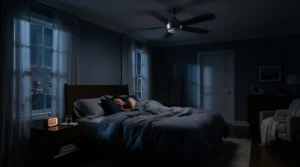 A modern bedroom ceiling fan with sleep timer operating quietly during the night