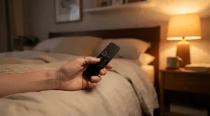 Using a remote control for a bedroom ceiling fan with sleep timer from bed