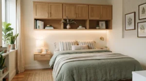 Compact bedroom ceiling fan with sleep timer fitted in a small guest bedroom