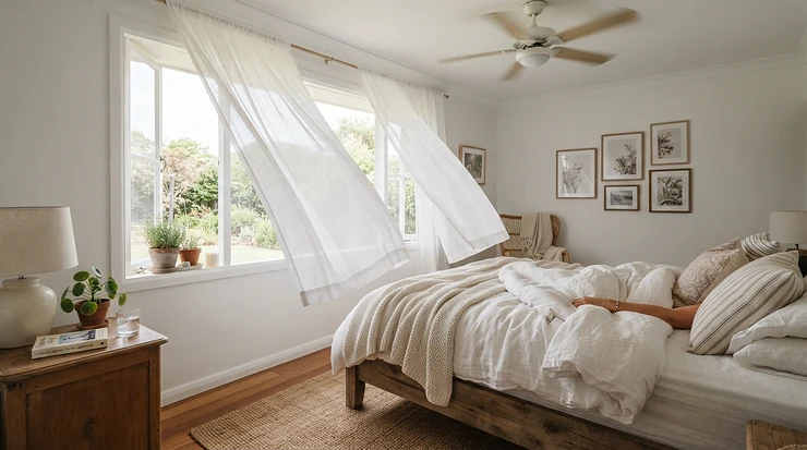 Refreshing airflow from a bedroom ceiling fan with sleep timer on a warm night