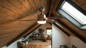 Downrod free brushed nickel ceiling fan with light for low ceiling fitted snugly in a converted loft bedroom.