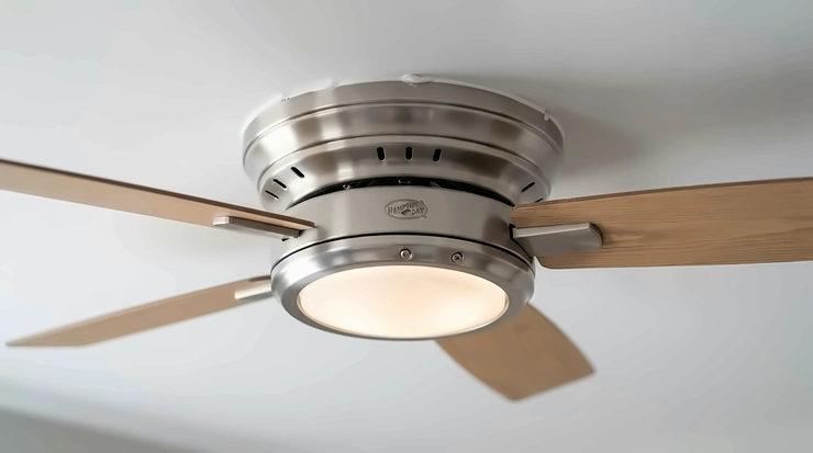 Low profile flush mount brushed nickel ceiling fan with light for low ceiling in a contemporary London apartment hallway.