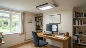 A stylish brushed nickel ceiling fan with light for low ceiling keeping a spare room home office cool and bright.