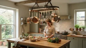 Modern brushed nickel ceiling fan with light for low ceiling providing air circulation in a compact apartment kitchen.