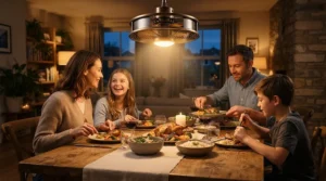 Energy-efficient brushed nickel ceiling fan with light for low ceiling featuring integrated LED illumination in a dining area.