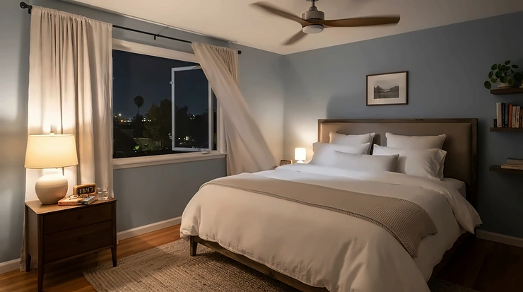 A bedroom ceiling fan with remote timer set for overnight cooling comfort