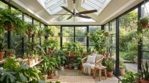 A ceiling fan with remote timer circulating air in a sunlit conservatory