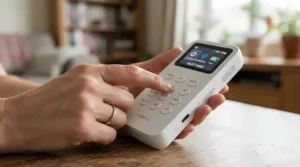Close-up of a hand using a remote control for a ceiling fan with remote timer
