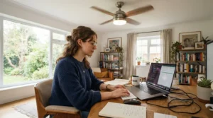 A ceiling fan with remote timer keeping a home office cool during remote work