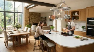 A ceiling fan with remote timer operating above a contemporary open-plan kitchen diner