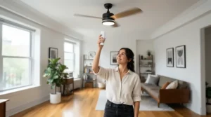 Selecting a countdown preset on a ceiling fan with remote timer in a flat