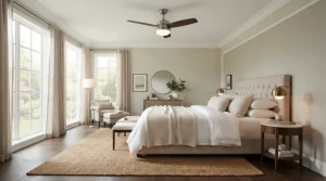 A quiet ceiling fan with remote timer mounted on a high bedroom ceiling