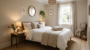 A welcoming guest bedroom equipped with a ceiling fan with smart timer app control for visitors.