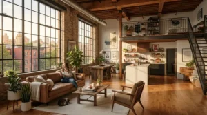 A stylish loft apartment showcasing a ceiling fan with smart timer app control for effortless temperature management.