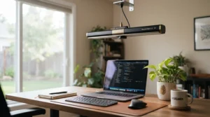 An energy efficient ceiling fan with timer shown in a bright modern home office