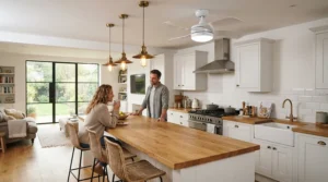 A white ceiling fan with timer fitted in a bright open plan kitchen diner