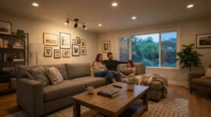A sleek white ceiling fan with timer enhancing air circulation in a family lounge