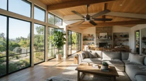 A stylish ceiling fan with timer cooling a contemporary living space