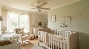 A safe ceiling fan with timer installed in a peaceful baby nursery room