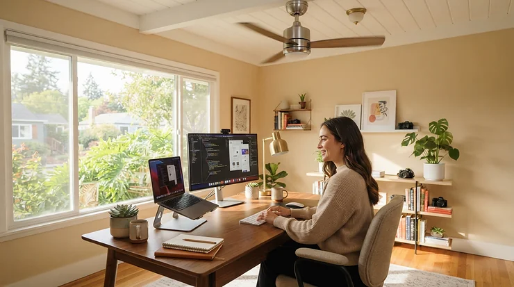 An energy-saving programmable ceiling fan circulating air in a brightly lit home office setup.