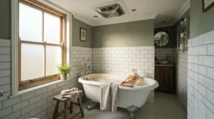 An IP rated polished chrome fan for small bathroom ceiling installed securely above a traditional roll-top bath.