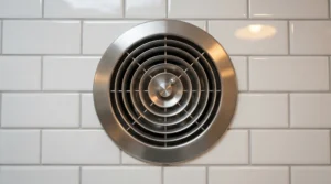 Close-up of a mirror finish polished chrome fan for small bathroom ceiling reflecting stylish metro tiles.