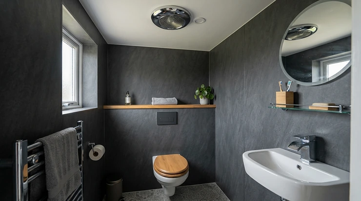 A contemporary polished chrome fan for small bathroom ceiling mounted neatly in a newly renovated en-suite.