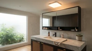 A polished chrome fan for small bathroom ceiling featuring warm LED illumination above a modern basin.