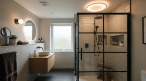 A sleek polished chrome fan for small bathroom ceiling fitted with an integrated light over a compact shower enclosure.