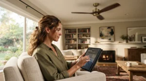 A modern programmable ceiling fan installed in a British living room, controlled via a tablet app for custom comfort.