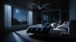 A programmable ceiling fan executing an automated nighttime cooling routine in a contemporary apartment.