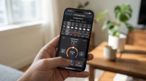 Close-up of a smartphone screen showing a weekly scheduling app for a programmable ceiling fan in a London flat.