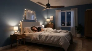 A quiet programmable ceiling fan operating overnight in a master bedroom using a custom timer setting.