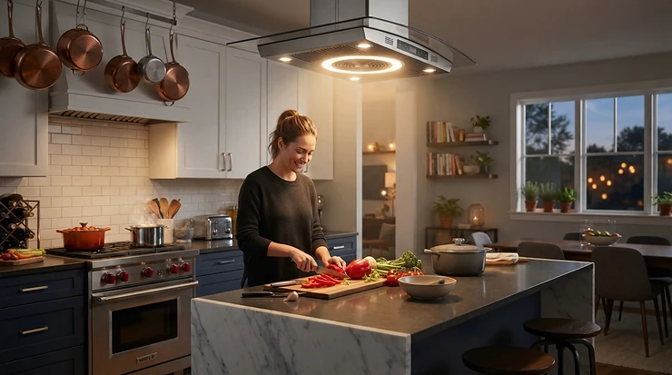 A sleek reversible ceiling fan with light featuring a dimmable kit glowing softly over a kitchen island