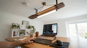 A modern reversible ceiling fan with light keeping a home study cool during a warm afternoon