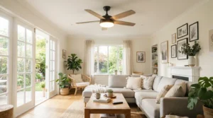A stylish reversible ceiling fan with light installed in a modern British living room during summer