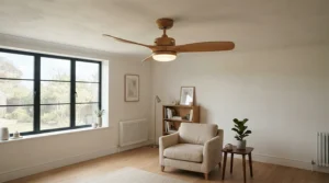 A wooden-bladed reversible ceiling fan with light complementing a neutral apartment interior