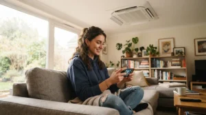 A person using a handheld remote to adjust a reversible ceiling fan with light from a sofa